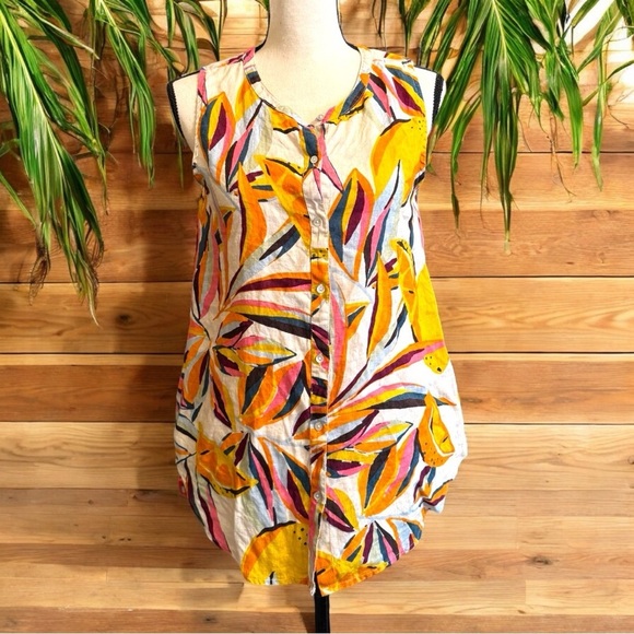 C&C CALIFORNIA 100% Linen Tropical Lemon Print Sleeveless Tunic Top - Medium - Picture 1 of 11